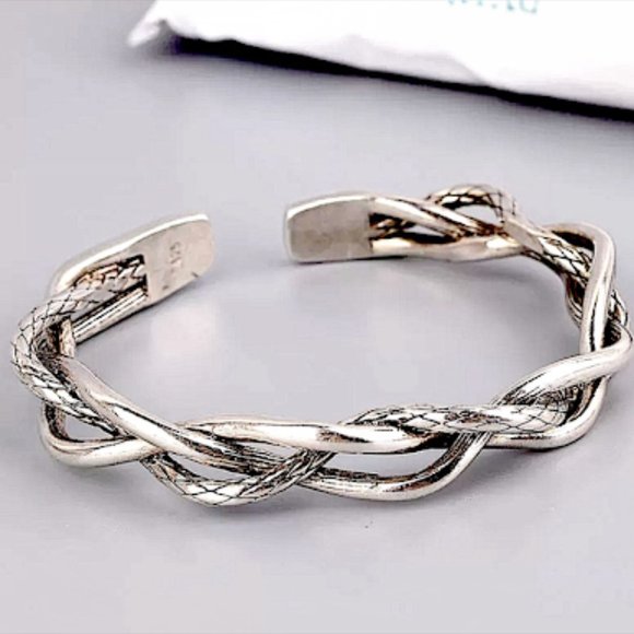 STERLING SILVER BRAIDED UNISEX BANGLE BRACELET - Picture 3 of 10